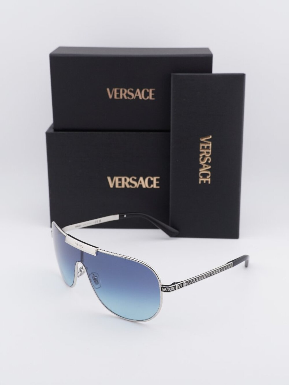 Versace VE2293 100019 Shield Sunglasses – Silver / Blue